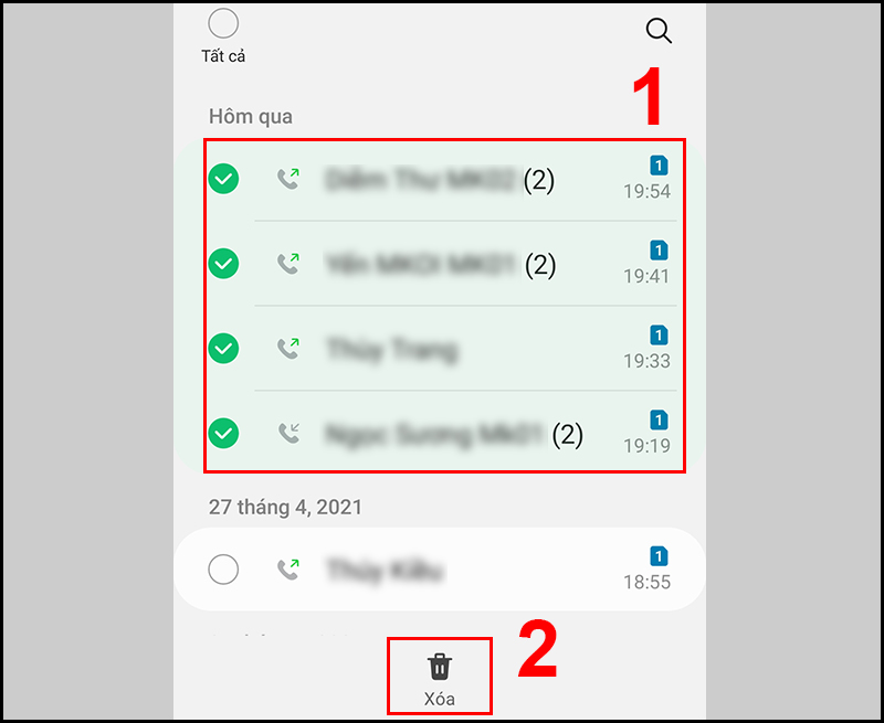 Chọn cuộc gọi muốn x&oacute;a v&agrave; nhấn X&oacute;a